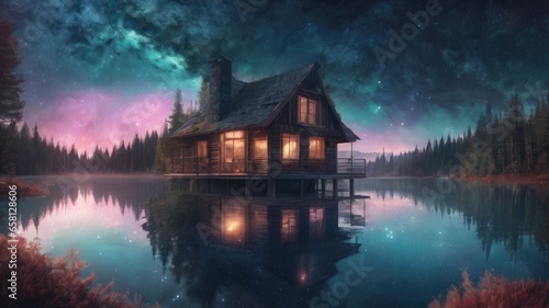 house on the lake created by AI. © pla2u