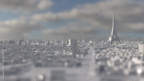 Paris as a white 3D model with Eiffel Tower, Arc de triompfe and notre dame in the distance. Depth spin camera.
