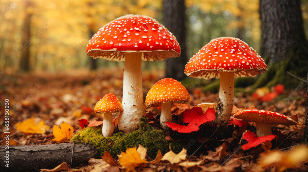 beautiful closeup of forest mushrooms in grass, autumn season, side view. Autumn honey Amaníta beautiful closeup of forest mushrooms in grass, autumn season, side view. Autumn honey Amaníta