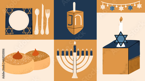 Collage of Hanukkah with traditional symbols of the holiday. Hand draw vector illustration