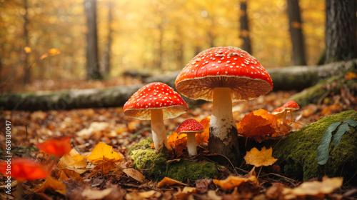 beautiful closeup of forest mushrooms in grass, autumn season, side view. Autumn honey Amaníta