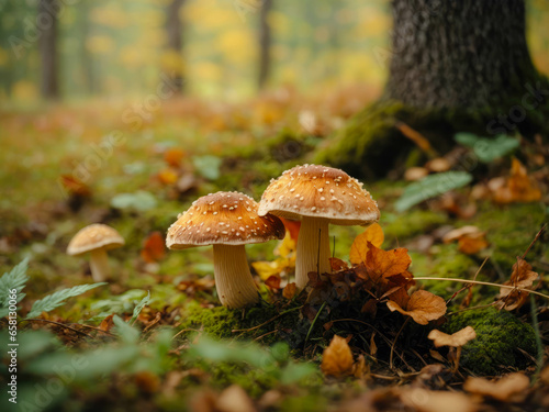 beautiful closeup of forest mushrooms in grass, autumn season, side view. Autumn honey agaric (Latin Armillaria mellea)