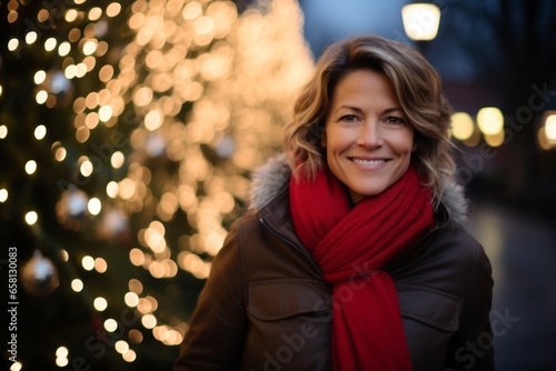Portrait of a smiling middle-aged woman in a red scarf on a background of Christmas lights