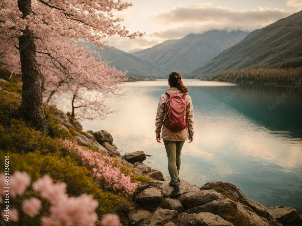 woman hiking by the lake