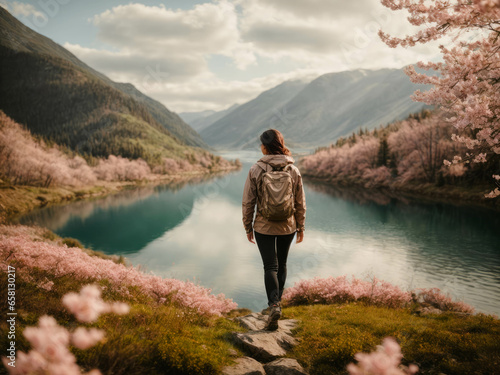 woman hiking by the lake