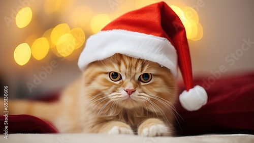 Handsome cute young cat wearing Santa hat on christmas light background looking at camera, christmas pets concept with copy space. AI