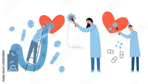 Doctors treating heart. Cardiologists. Vector illustration in flat style