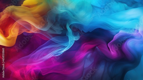Blue pink yellow colorful abstract background. luxury colored smoke, acrylic paint underwater explosion, cosmic swirling ink. AI.