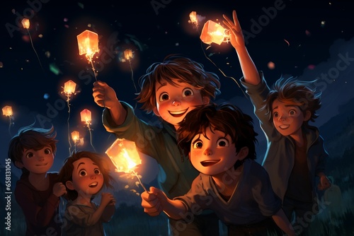 A group of children playing with sparklers in the dark