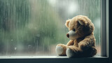 teddy bear on a rainy window