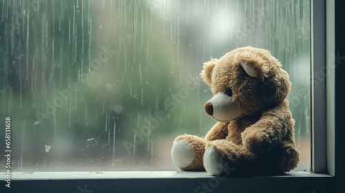 teddy bear on a rainy window photo