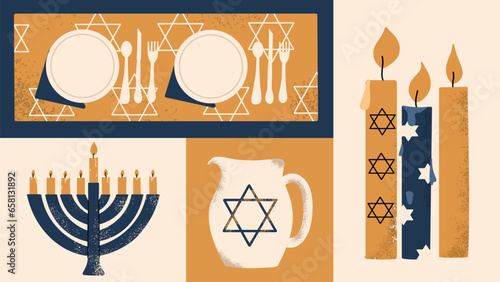 Collage of Hanukkah with traditional symbols of the holiday. Hand draw vector illustration