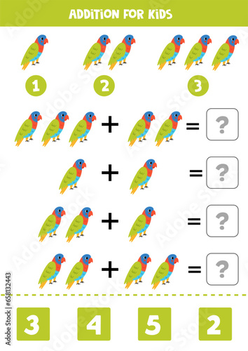 Addition for kids with cute cartoon rainbow lorikeet.