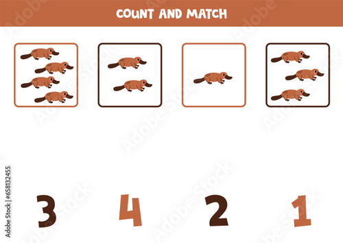 Counting game for kids. Count all platypuses and match with numbers. Worksheet for children.