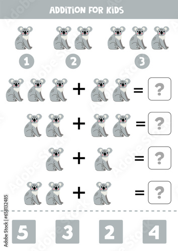 Addition for kids with cute cartoon koala.