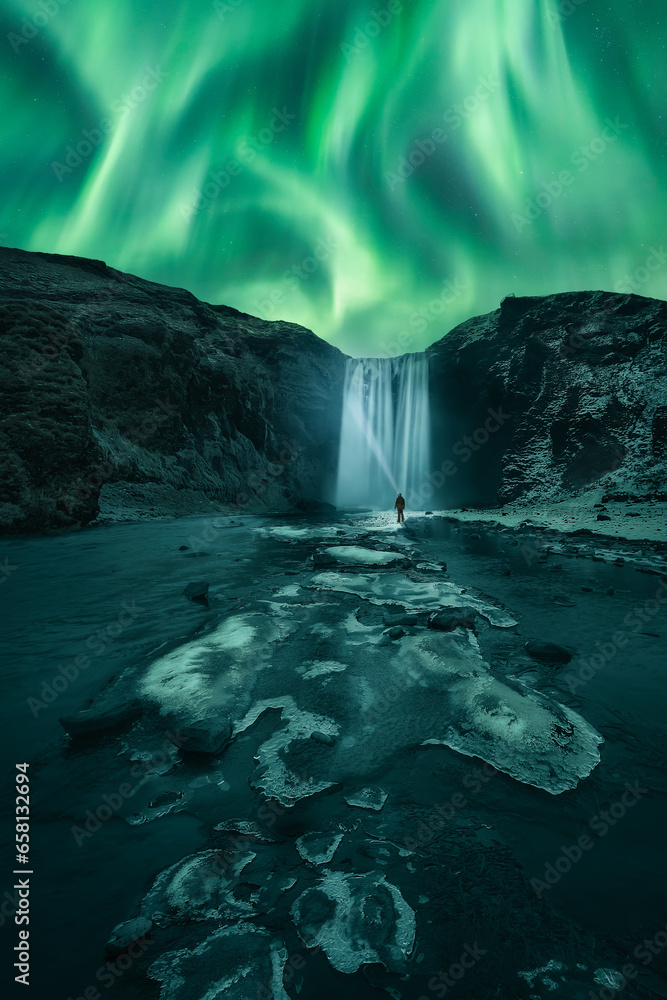 Aurora Borealis dancing over the frozen Skógafoss Waterfall in winter. A man with a lantern is watching dance across night skies the Aurora Polaris next to the famous Skógafoss waterfall, Iceland - obrazy, fototapety, plakaty 