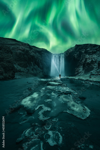 Aurora Borealis dancing over the frozen Skógafoss Waterfall in winter. A man with a lantern is watching dance across night skies the Aurora Polaris next to the famous Skógafoss waterfall, Iceland