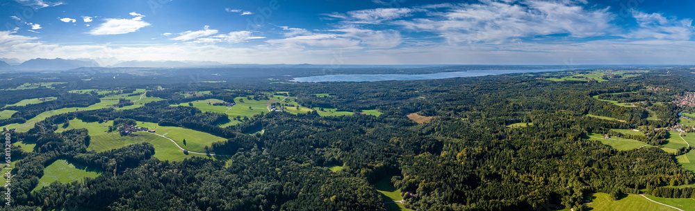 Bavarian pre Alps aerial Panorama with Starnbergersee Lake in the back
