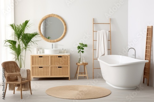 Boho style bathroom  interior with rattan furniture and greenery  filled with light photo