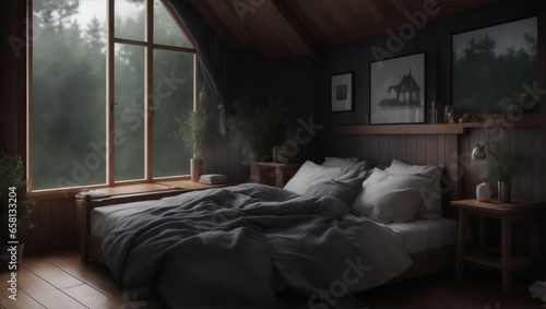 cozy cottage bedroom on a rainy day , 8 k , hyper realistic , comfortable , architecture photography , on a mountain