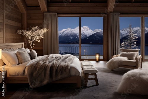 Interior of cozy montain chalet bedroom with large bed and big window
