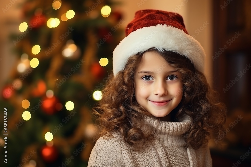 Portrait of cute little girl in santa hat against christmas tree