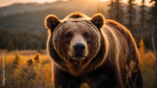 Majestic Grizzly Bear Bathed in the Warmth of the Setting Sun's Glow, Captured in its Natural Habitat