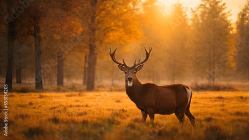 Magnificent Red Deer in a Tranquil Natural Setting, Radiating Elegance in the Soft, Ethereal Light of Dawn