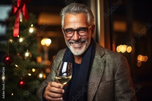 Portrait of a senior man holding a glass of wine in front of a Christmas tree