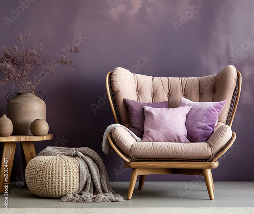 Beige wing chair with purple pillow and knitted pouf against violet venetian stucco wall with copy space. Farmhouse home interior design of modern living room. photo