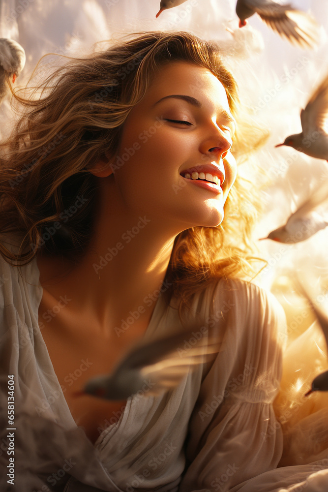 Enchanting young woman whispering to swirling birds in serene morning light. Enchanting young woman whispering to swirling birds in serene morning light.