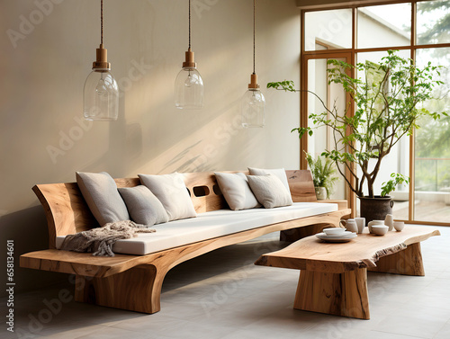 Rustic live edge coffee table and wood log bench near stucco wall. Wabi-sabi, farmhouse, japanese style home interior design of modern living room. photo