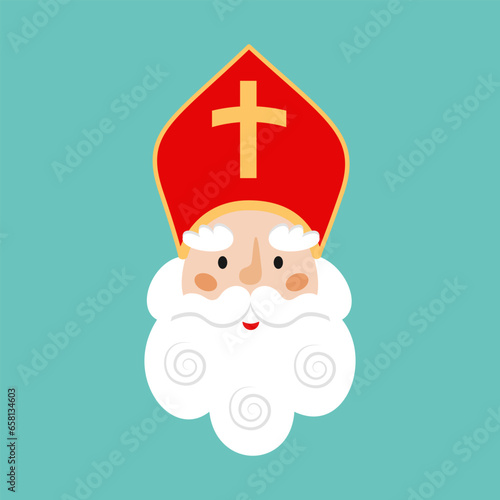 Sinterklaas face cartoon illustration. Saint Nicholas Day theme. Winter Dutch or Belgium holiday. Vector isolated illustration in flat style. photo