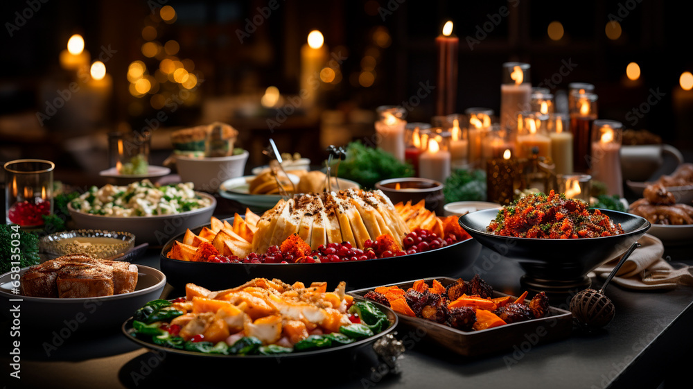 Cena de Navidad. Mesa llena de platos con comida y aperitivos, decoración de Año Nuevo con un árbol de Navidad en el fondo.