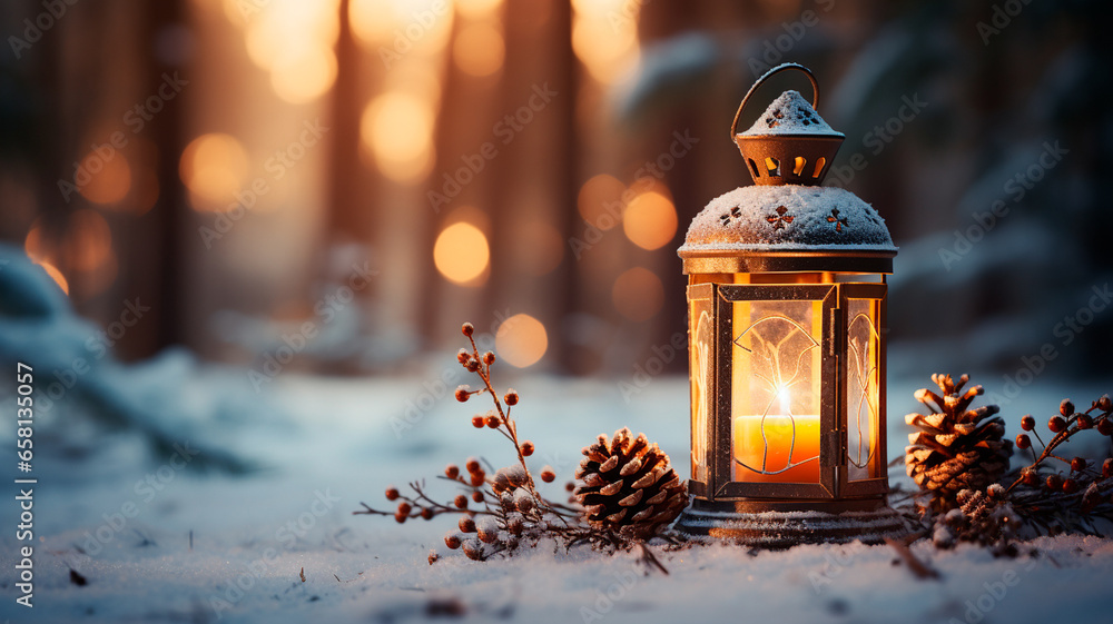 Linterna de Navidad en la nieve con la rama de abeto en la luz del sol. Decoración Invernal - obrazy, fototapety, plakaty 