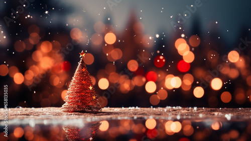 Fondo de Navidad con el árbol de Navidad y las luces del bokeh en fondo rojo. Feliz tarjeta de Navidad. Vacaciones de invierno. Feliz año nuevo.  photo
