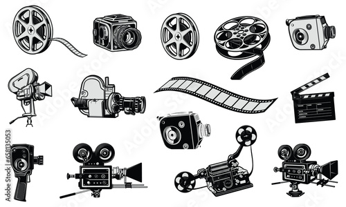 movie camera, Camera film cinema,Film camera, video camera, Retro camera, silhouette isolated on white