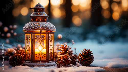 Linterna de Navidad en la nieve con la rama de abeto en la luz del sol. Decoración Invernal