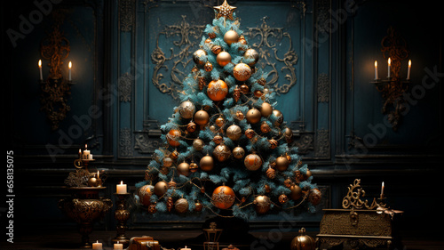 Árbol de navidad con decoraciones y luces. photo
