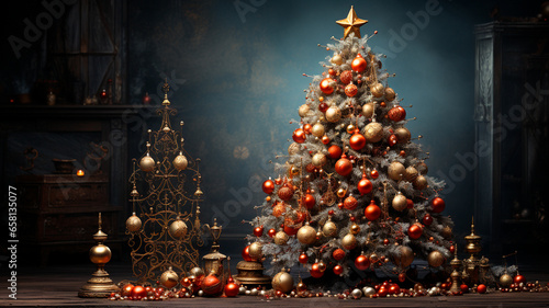 Árbol de navidad con decoraciones y luces.