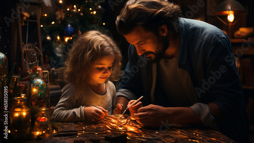 Padre e hija decorando un árbol de Navidad