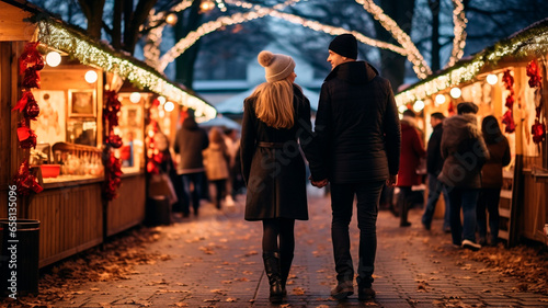 Disfrutando del Mercado de Navidad, una pareja paseando cerca de los puestos
