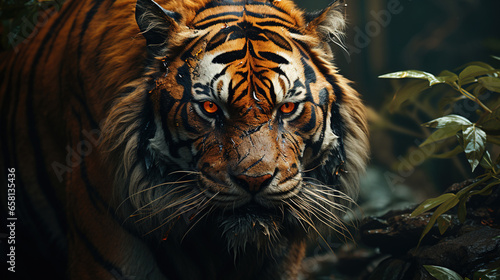 Close-Up Portrait A Strong Hunting Bengal Tiger Selective Focus Background