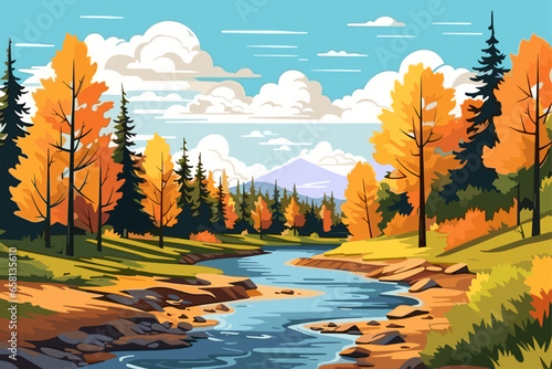 Fall autumn landscape background vector, simple abstract style. Good for fashion fabrics, children’s clothing, postcards, social post, books, wallpaper, banner, events, covers, advertising, and more.