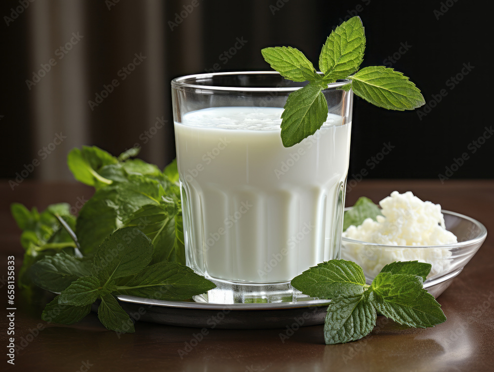 Kefir, a fermented milk product, in a transparent glass, with a mint leaf. Kefir, a fermented milk product, in a transparent glass, with a mint leaf.