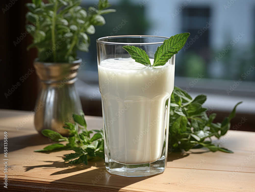 Kefir, a fermented milk product, in a transparent glass, with a mint leaf. Kefir, a fermented milk product, in a transparent glass, with a mint leaf.