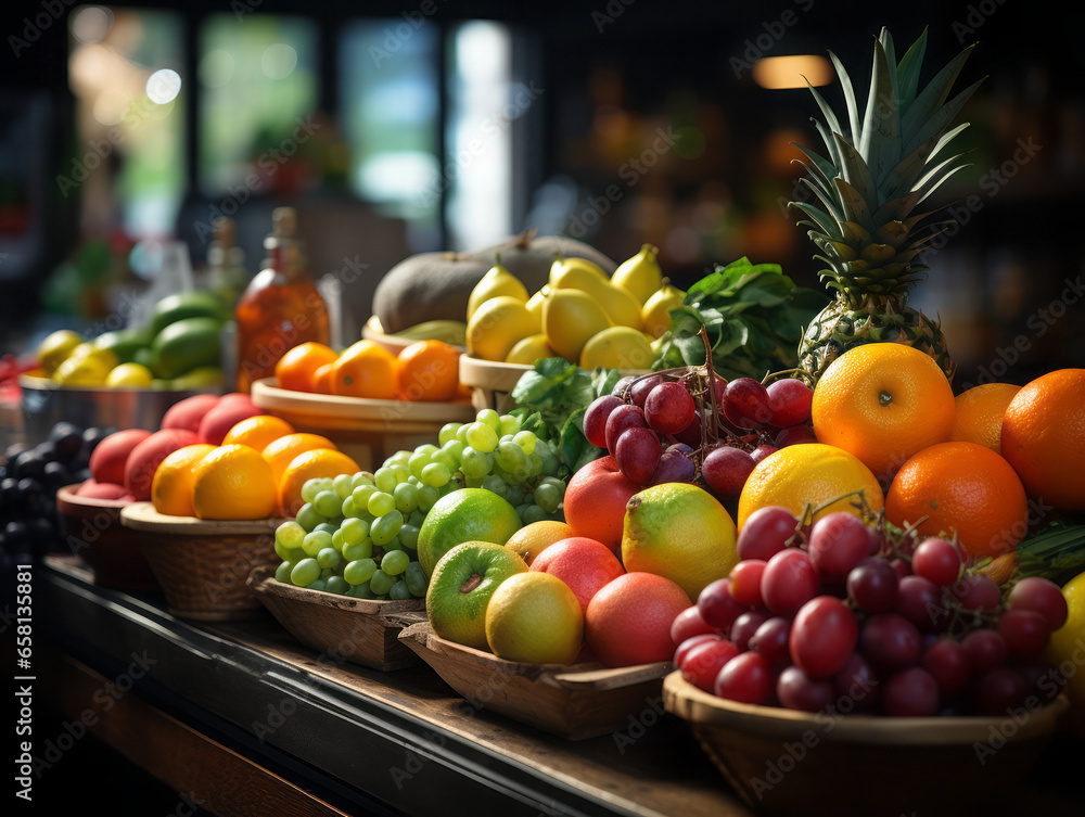 Store counter with a variety of fresh fruits. Store counter with a variety of fresh fruits.