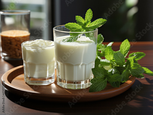 Kefir, a fermented milk product, in a transparent glass, with a mint leaf.  photo