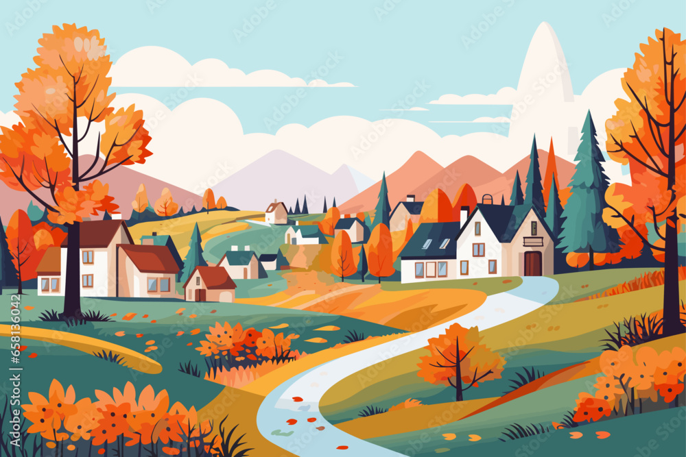Fall autumn landscape background vector, simple abstract style. Good for fashion fabrics, children’s clothing, postcards, social post, books, wallpaper, banner, events, covers, advertising, and more.