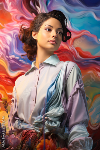 Mesmerizing woman as vibrant painter with colorful swirls flowing from brush in pastel backdrop.
